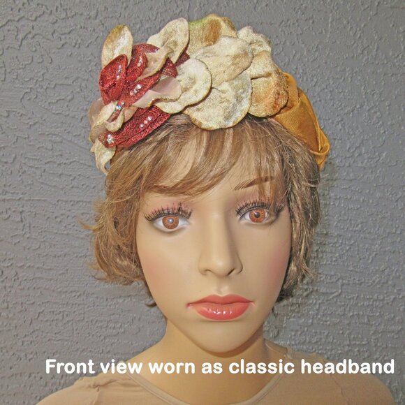 Handmade headband with raffia flower, floral petals & rhinestones, Beige & brown - Picture 3 of 13